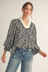 Black and White Patterned Collared Shirt