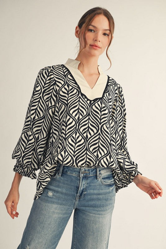 Black and White Patterned Collared Shirt