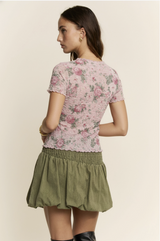 Pink Floral Mesh Top with Ruffle Edge