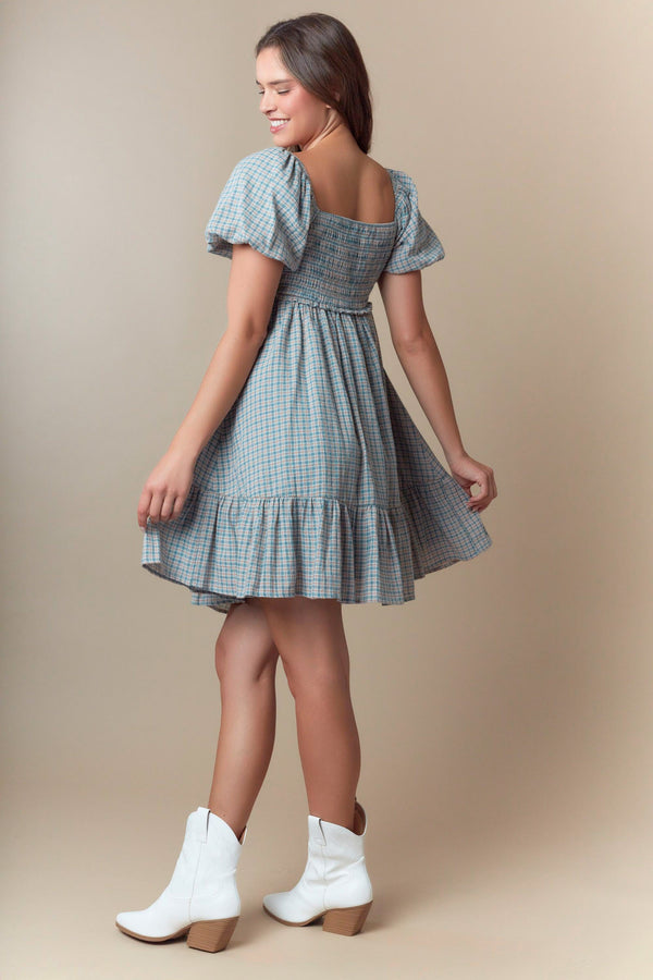 Dusty Teal Ribbon Front Smocked Plaid Midi Dress