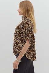 Leopard Print High Neck Elastic Sleeve Dolman Top