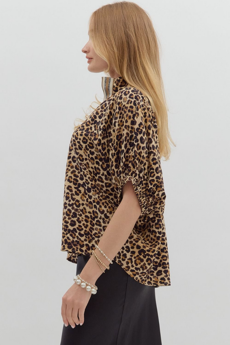 Leopard Print High Neck Elastic Sleeve Dolman Top