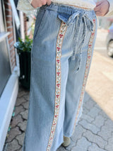 Wide Leg Striped Denim Mix With Floral Trim Pants