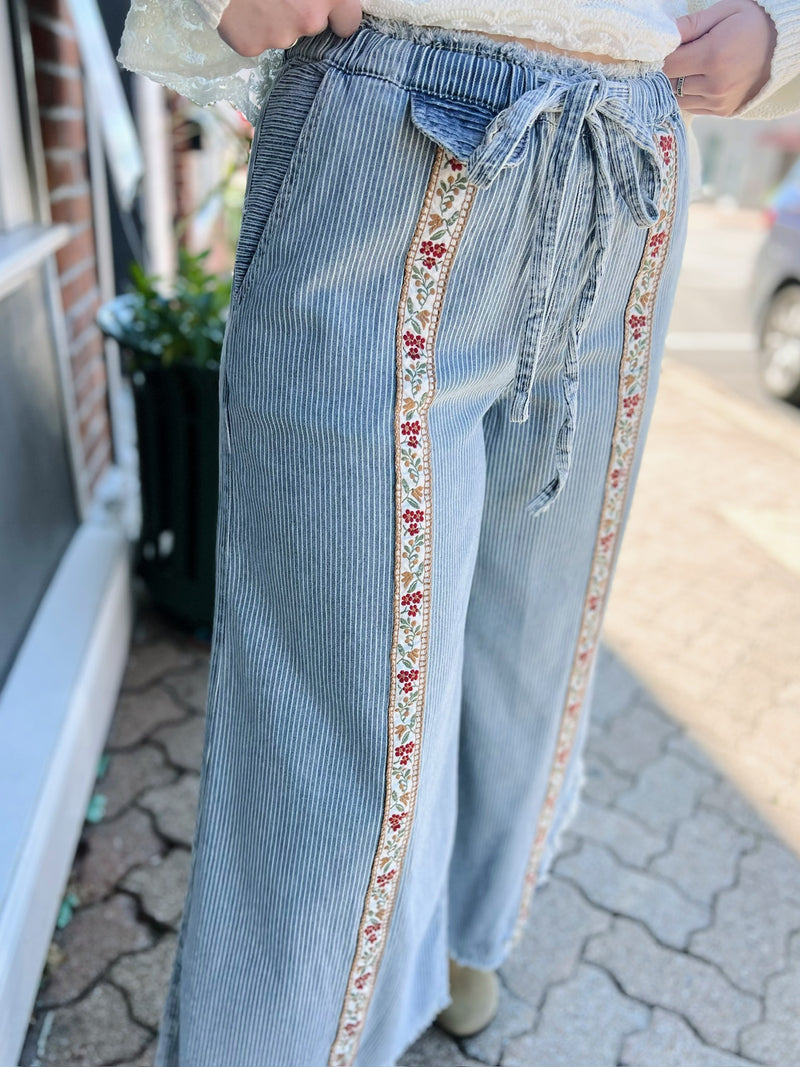 Wide Leg Striped Denim Mix With Floral Trim Pants