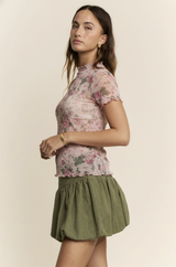 Pink Floral Mesh Top with Ruffle Edge