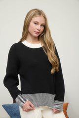Black Contrast Hem Faux Button Back Sweater
