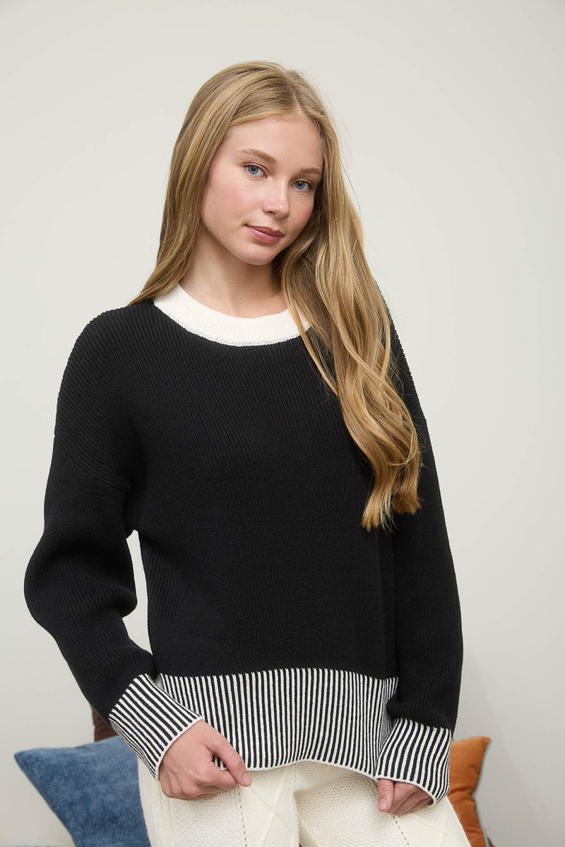 Black Contrast Hem Faux Button Back Sweater