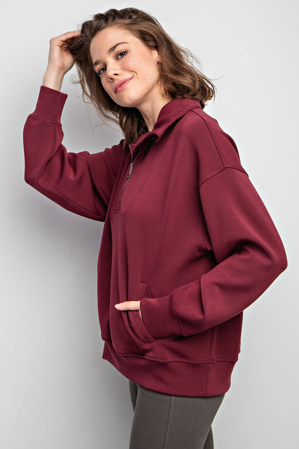 Wine Quarter Zip Mock Neck Pullover