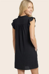 Black Split Neck Ruffle Sleeve Dress
