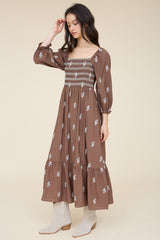 Brown Floral Embroidery Smocked Midi Dress