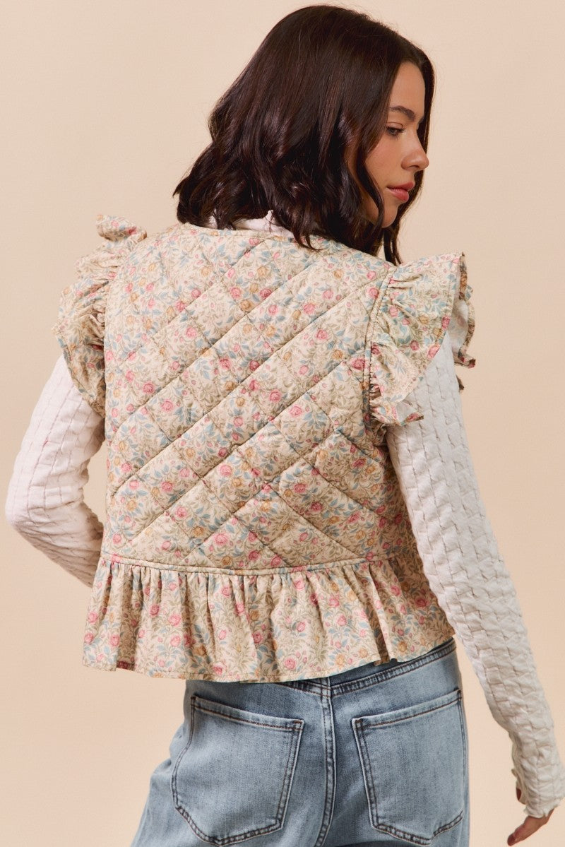 Beige Multi Floral Woven Print Ruffled Quilted Vest