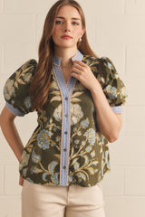 Olive Floral Contrast Button Front Puff Sleeve Top