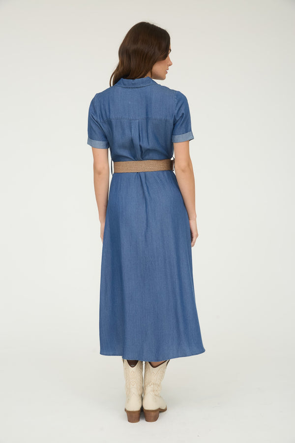 Chambray Collared Short Sleeve Belted Dress W/ Buttons