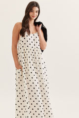 White Sweater and Tan Polka Dot Sleeveless Midi Dress Set