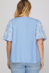 Curvy Blue Neck Detail Embroidered Puff Sleeve Top
