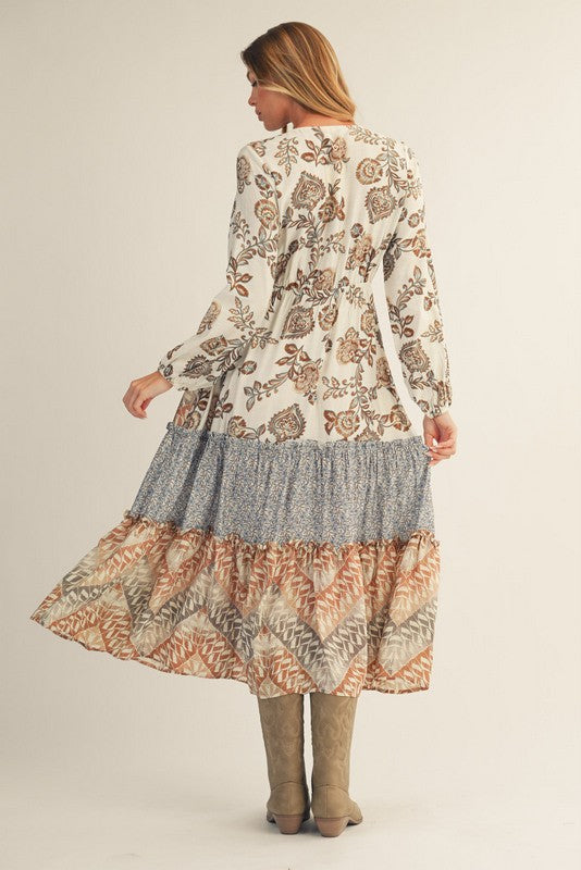 Caramel Patch Work Tiered Midi Dress