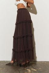 Brown Polka Dot Tiered Midi Skirt