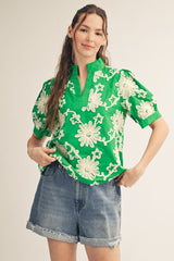Short Puff Sleeves 3D Floral Top