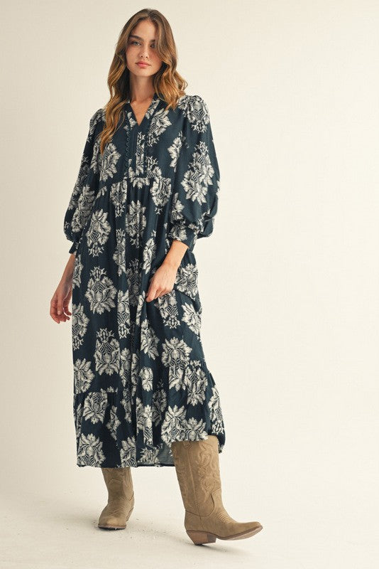 Navy Floral Boho Midi Dress