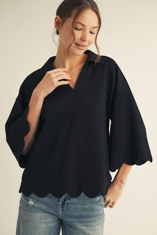 Scalloped Edge 3/4 Sleeve Top Black