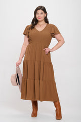 Curvy Tiered V- Neck Cap Sleeve Midi Dress