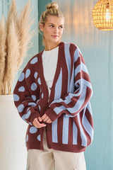Curvy Brown and Blue Stripe Polka Dot Cardigan