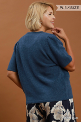 Curvy Blue Short Sleeve Button Front Sweater