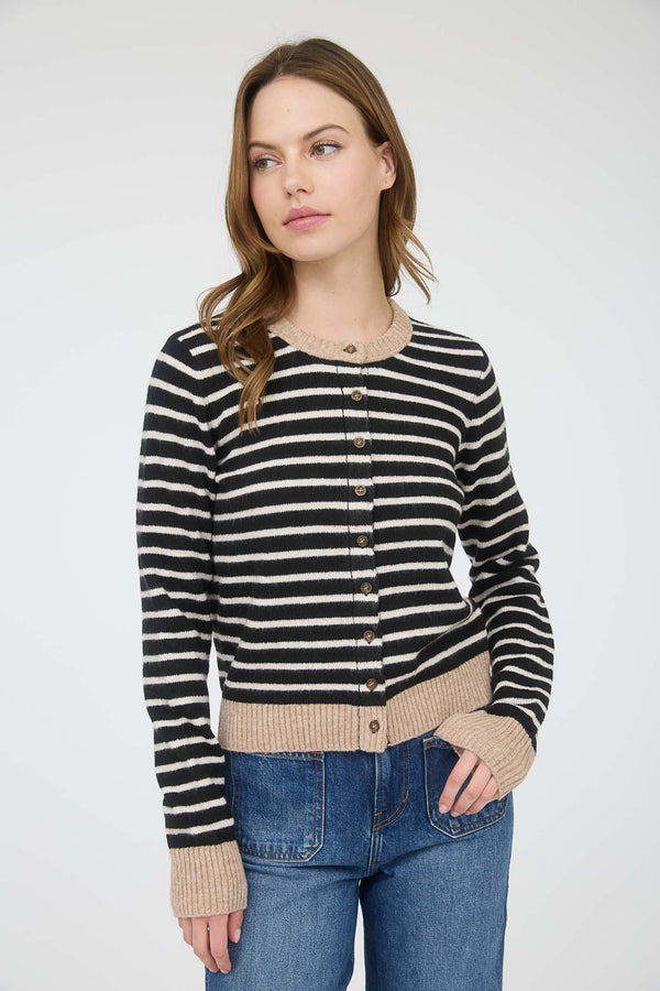Black Striped Colorblock Trim Button Down Cardigan