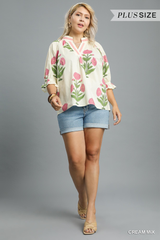 Curvy Cream Floral Poplin Puff Sleeve Top