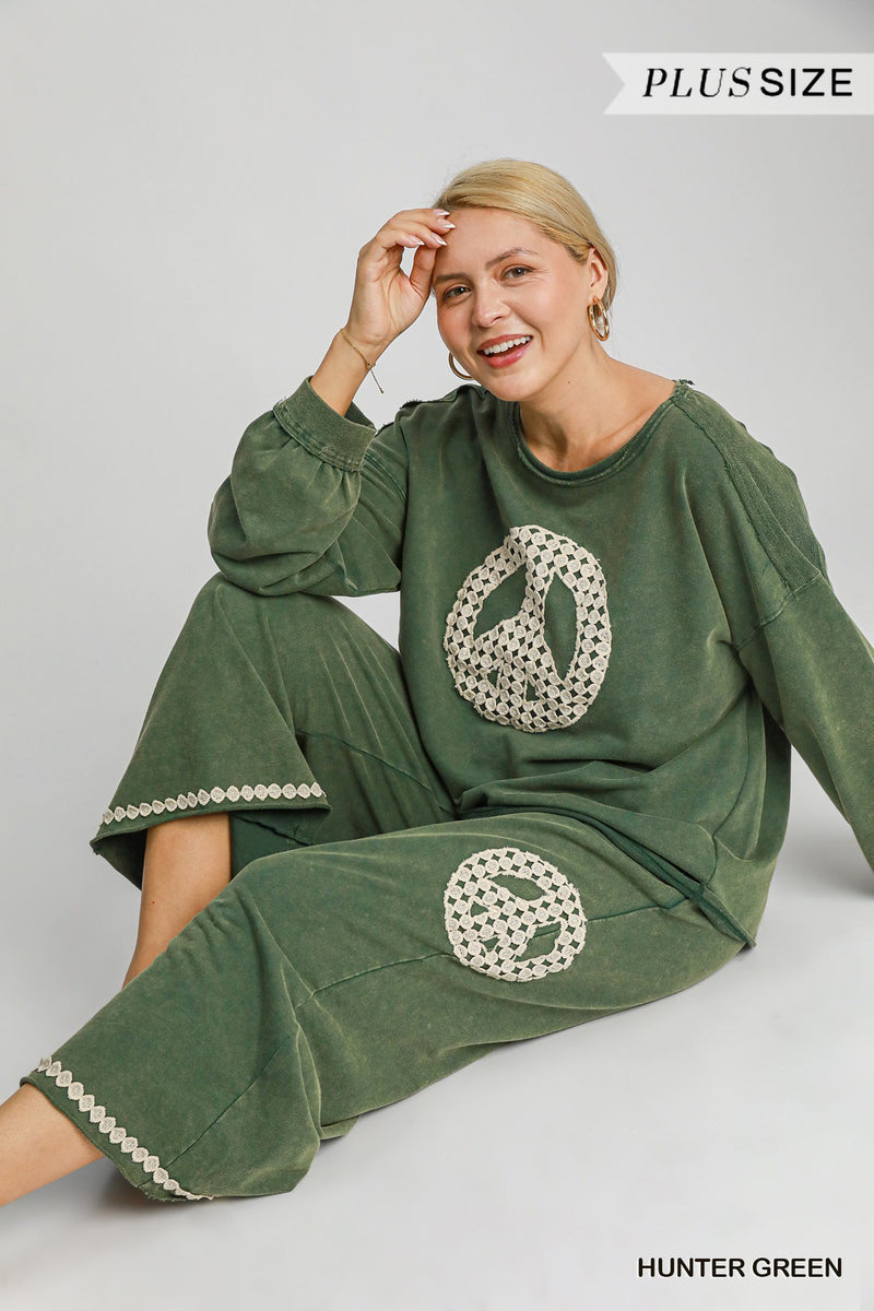 Curvy Hunter Green Peace Sign Embellished Cropped Pants