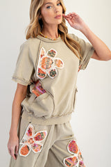 Olive Flower Patch Short Sleeve Raw Seam Knit Top