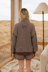 Brown Half Zip Stripe Contrast Trim Long Sleeve Top