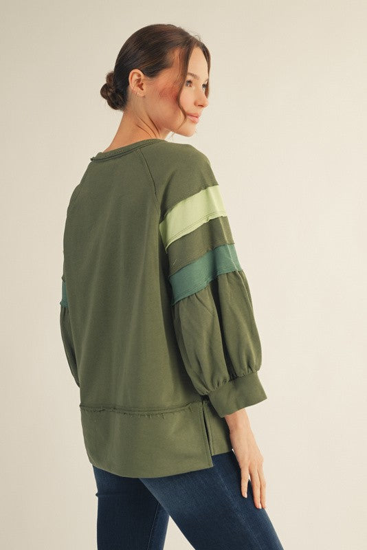 Olive Balloon Colorblock Sleeve Top