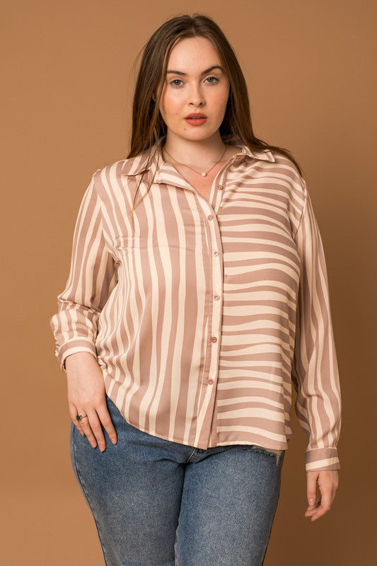 Curvy Taupe Striped Contrast Top