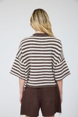 Brown Raw Edge Short Sleeve Button Down Cardigan