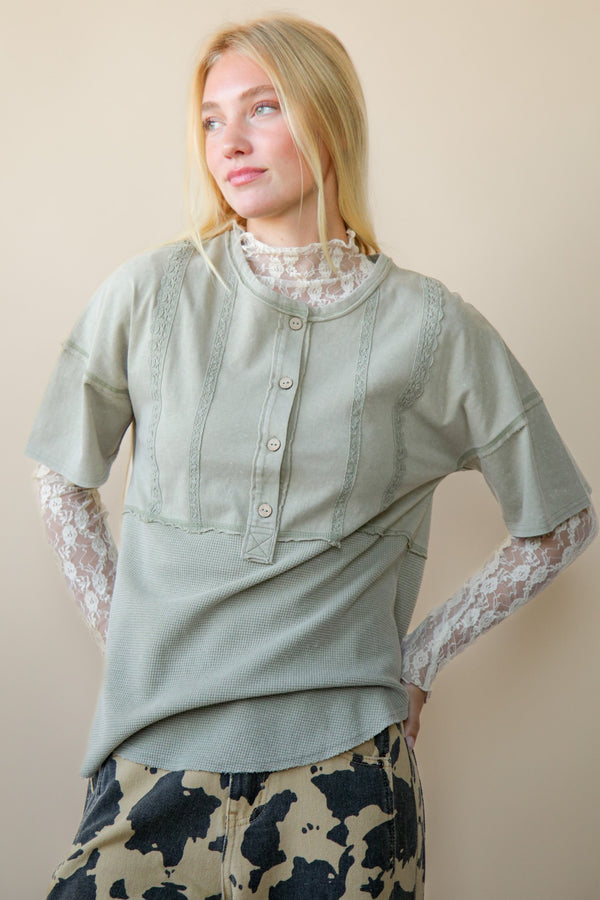 Olive Mineral Wash Top With Front Lace Trim