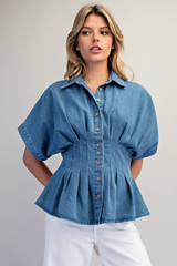 Denim Pleated Button Down Top