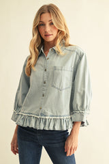 Washed Denim Button Down Ruffle Hem Top