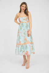 Mint Floral Print Midi Dress with Orange Trim