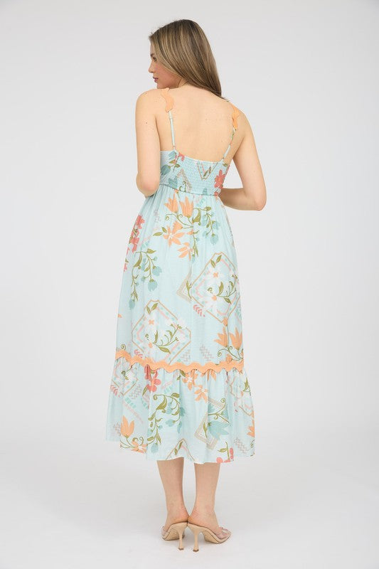 Mint Floral Print Midi Dress with Orange Trim