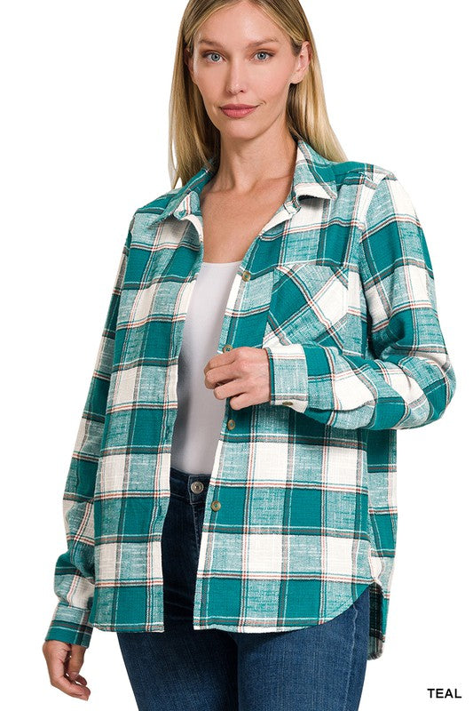 Lighweight Plaid Button Down Shacket With Pocket