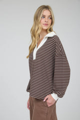 Contrast Collar Stripe Long Sleeve Knit Top