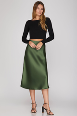 Olive Satin Bias Midi Skirt