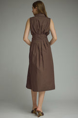Brown Midi Dress With Embroidered Hem