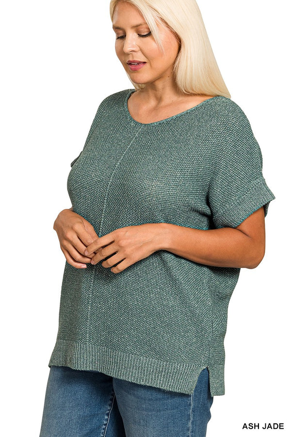 Curvy Short Sleeve Sweater With Center Seam