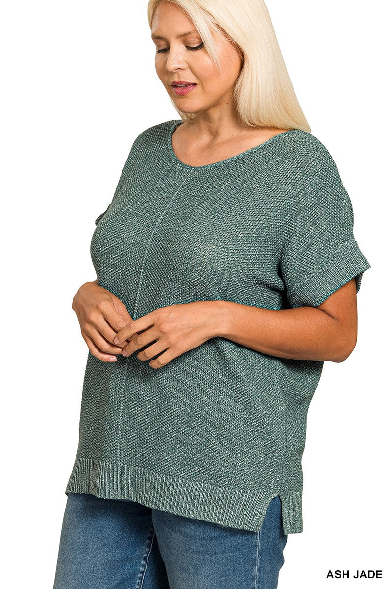 Curvy Short Sleeve Sweater With Center Seam