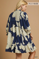 Curvy Navy Floral Tiered Babydoll Dress