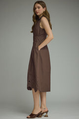 Brown Midi Dress With Embroidered Hem
