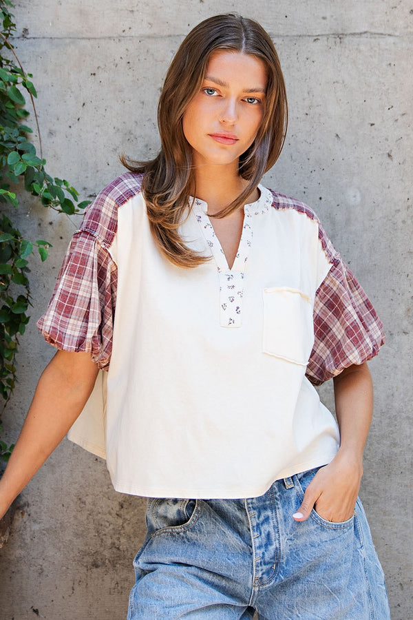 Cream and Berry Plaid Puff Sleeve Top