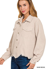 Sand Beige Distressed Frayed Hem Cropped Jacket